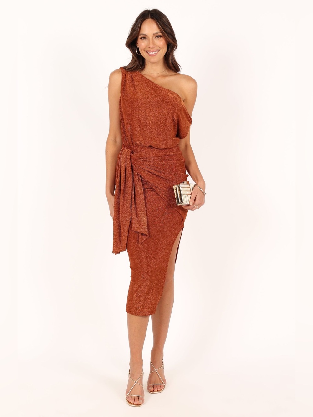 Petal & Pup Santiago Off The Shoulder Midi Dress Size Medium Glitter Bronze NWOT